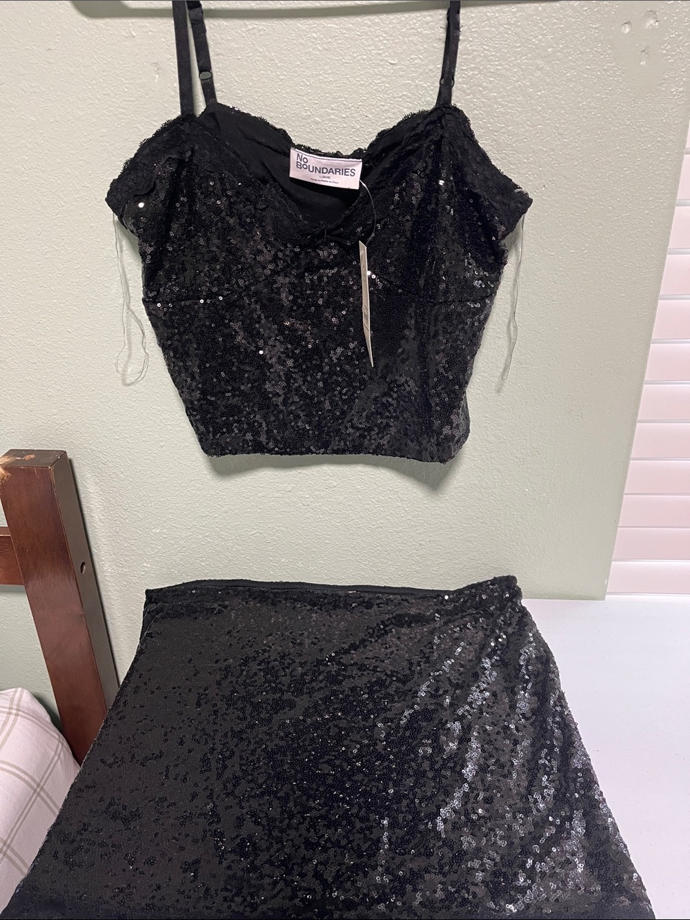 No Boundaries Black Sequin Crop Top and Matching Skirt Set